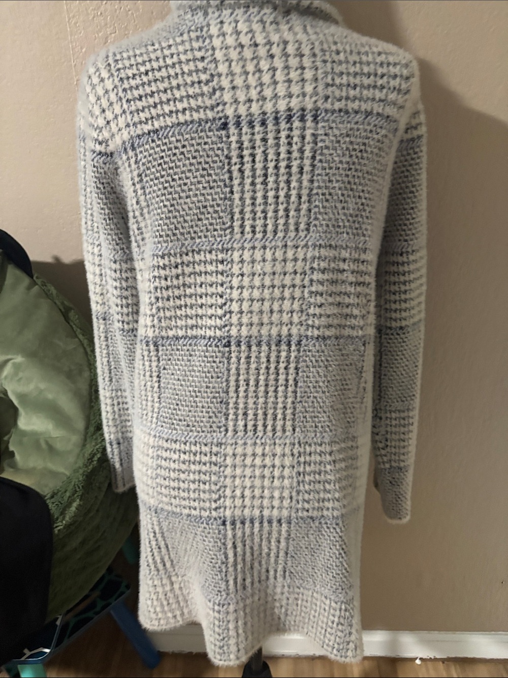 Cozy Oversized Ivory and Light Blue Plaid Women's Sweater Coat - Picture 3 of 5
